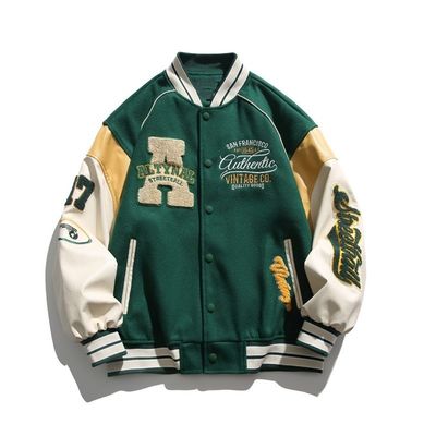 Vintage Cravado Cartas Criativas bordados Stand Collar Baseball Traje para casacos masculinos