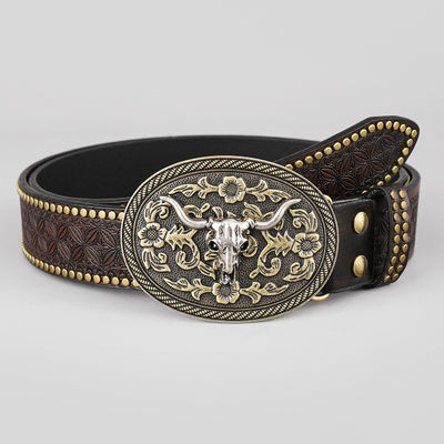Cinturão de couro em PU em relevo de cabeça de vaca vintage unisex com fivela de fixação de cinturão de revestimento ocidental