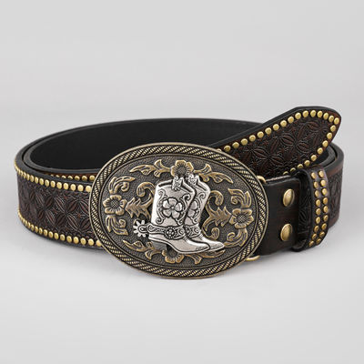 Cinturão de couro em PU em relevo de cabeça de vaca vintage unisex com fivela de fixação de cinturão de revestimento ocidental