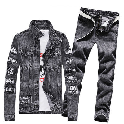 Trajes de denim para homens de exterior Jaquetas de peito único com material misturado poliéster/denim