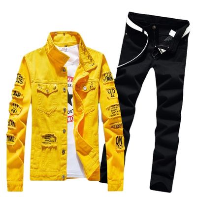 Trajes de denim para homens de exterior Jaquetas de peito único com material misturado poliéster/denim