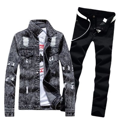 Trajes de denim para homens de exterior Jaquetas de peito único com material misturado poliéster/denim