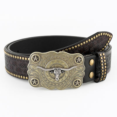 Cinturão de couro em PU em relevo de cabeça de vaca vintage unisex com fivela de fixação de cinturão de revestimento ocidental