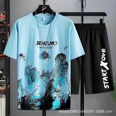 Sem esforço Estilo camisa TT masculina Estilo Verão fato casual com calções de secagem rápida