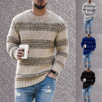 Sem detecção de agulhas Camisola listrada masculina para uso casual 2023 Collar redondo Top de malha