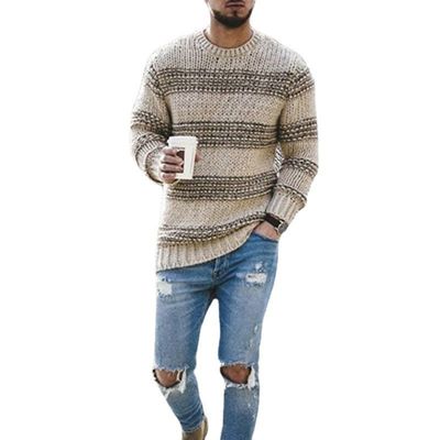 Sem detecção de agulhas Camisola listrada masculina para uso casual 2023 Collar redondo Top de malha
