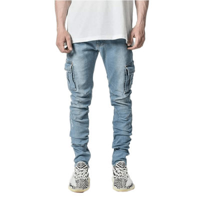 Carga masculina Jeans magros com bolsos laterais Calças denim secas rápidas