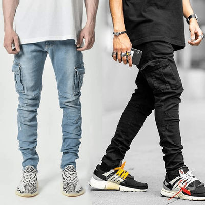 Carga masculina Jeans magros com bolsos laterais Calças denim secas rápidas