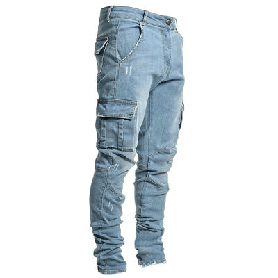 Carga masculina Jeans magros com bolsos laterais Calças denim secas rápidas