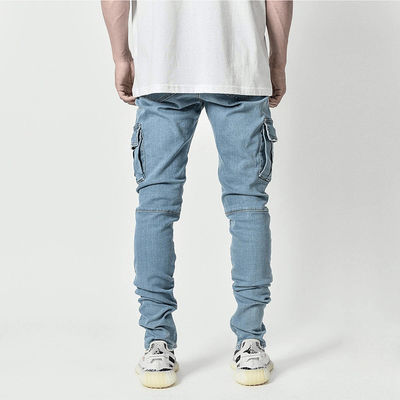 Carga masculina Jeans magros com bolsos laterais Calças denim secas rápidas