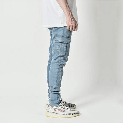 Carga masculina Jeans magros com bolsos laterais Calças denim secas rápidas