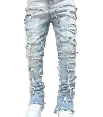 Street Style Botas masculinas corte azul claro danificado Tassel Applique Jeans Spandex / algodão