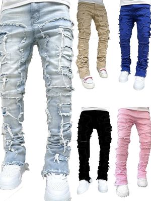 Street Style Botas masculinas corte azul claro danificado Tassel Applique Jeans Spandex / algodão