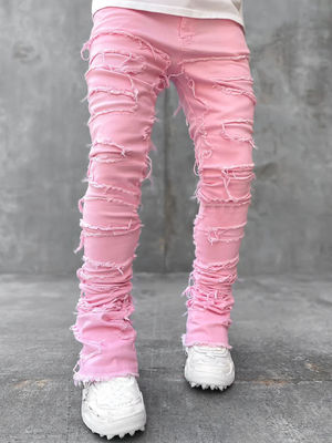 Street Style Botas masculinas corte azul claro danificado Tassel Applique Jeans Spandex / algodão