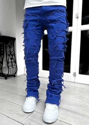 Street Style Botas masculinas corte azul claro danificado Tassel Applique Jeans Spandex / algodão