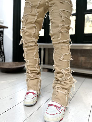 Street Style Botas masculinas corte azul claro danificado Tassel Applique Jeans Spandex / algodão
