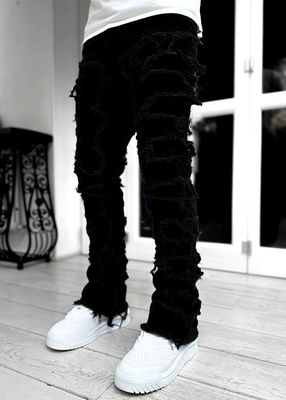 Street Style Botas masculinas corte azul claro danificado Tassel Applique Jeans Spandex / algodão