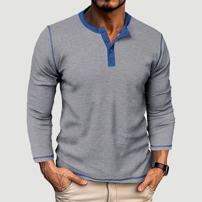 Camisetas de algodão Henley de mão longa e branca de homens Camisetas de botão leve com pescoço redondo