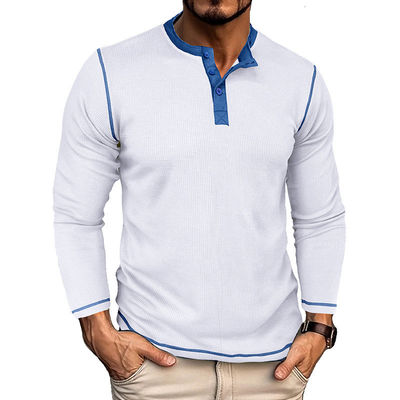 Camisetas de algodão Henley de mão longa e branca de homens Camisetas de botão leve com pescoço redondo