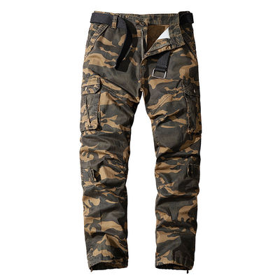 Calças masculinas de camouflagem de bolso múltiplo de algodão puro com cintura média e ajuste reto