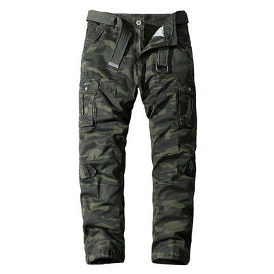 Calças masculinas de camouflagem de bolso múltiplo de algodão puro com cintura média e ajuste reto