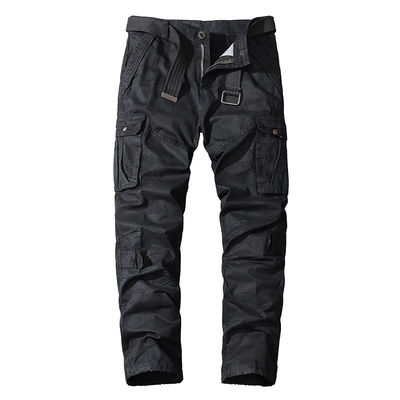 Calças masculinas de camouflagem de bolso múltiplo de algodão puro com cintura média e ajuste reto