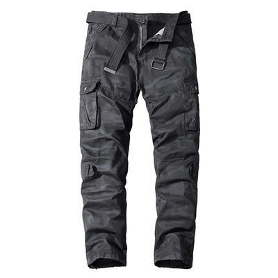 Calças masculinas de camouflagem de bolso múltiplo de algodão puro com cintura média e ajuste reto