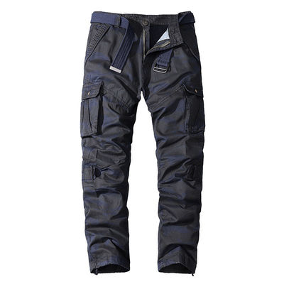 Calças masculinas de camouflagem de bolso múltiplo de algodão puro com cintura média e ajuste reto