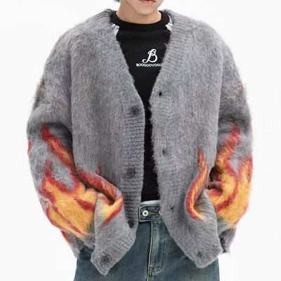 Computação Tricoteada Chama de Inverno Jacquard V-collar Suéter masculino para conforto casual