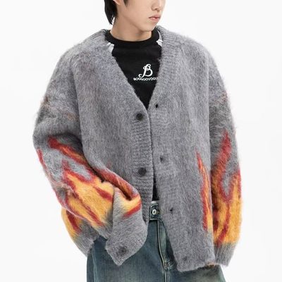 Computação Tricoteada Chama de Inverno Jacquard V-collar Suéter masculino para conforto casual