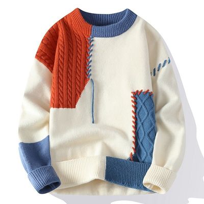 Pescoço redondo Outono Inverno Homens Suéteres de Natal Streetwear coreano Patchwork Pullover