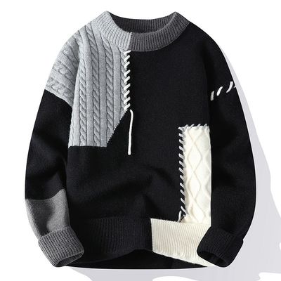 Pescoço redondo Outono Inverno Homens Suéteres de Natal Streetwear coreano Patchwork Pullover