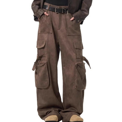 Calças descontraídas de pernas retas soltas para homens Vintage Overalls de pele de veado multi-bolso
