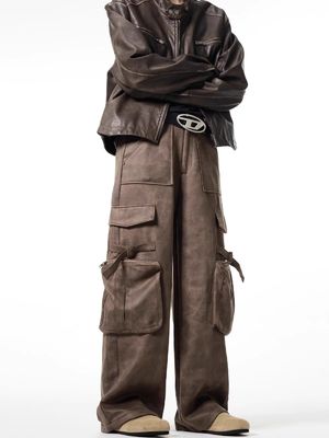 Calças descontraídas de pernas retas soltas para homens Vintage Overalls de pele de veado multi-bolso