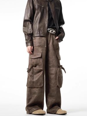 Calças descontraídas de pernas retas soltas para homens Vintage Overalls de pele de veado multi-bolso