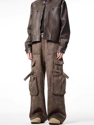 Calças descontraídas de pernas retas soltas para homens Vintage Overalls de pele de veado multi-bolso