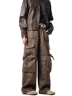 Calças descontraídas de pernas retas soltas para homens Vintage Overalls de pele de veado multi-bolso