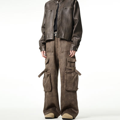 Calças descontraídas de pernas retas soltas para homens Vintage Overalls de pele de veado multi-bolso