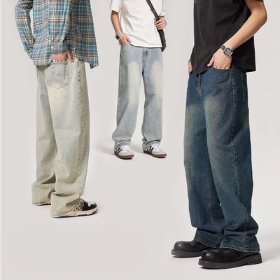 Calças de denim masculino de cintura média Calças de jeans retas lavadas personalizadas com estampa de plaid leve
