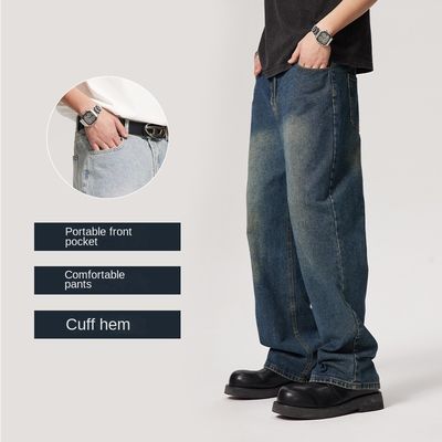 Calças de denim masculino de cintura média Calças de jeans retas lavadas personalizadas com estampa de plaid leve