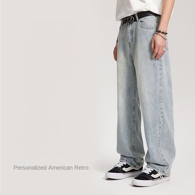 Calças de denim masculino de cintura média Calças de jeans retas lavadas personalizadas com estampa de plaid leve