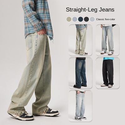 Calças de denim masculino de cintura média Calças de jeans retas lavadas personalizadas com estampa de plaid leve