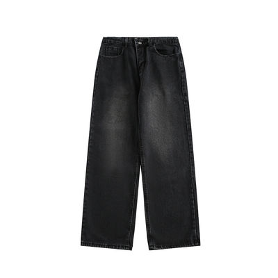 Calças de denim masculino de cintura média Calças de jeans retas lavadas personalizadas com estampa de plaid leve