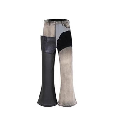 Mid Waist Denim Fabric Custom Lavado Limite de borda cruda Patchwork Calças Flared Jeans Para Homens