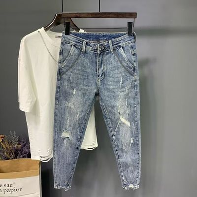 Pantalhões de desenho masculino jeans calças finas para homens cortados itens em estoque