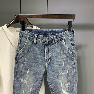 Pantalhões de desenho masculino jeans calças finas para homens cortados itens em estoque