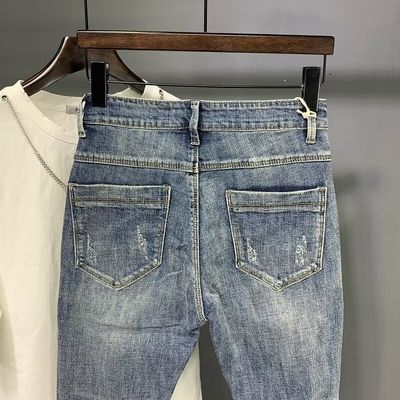 Pantalhões de desenho masculino jeans calças finas para homens cortados itens em estoque