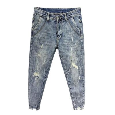 Pantalhões de desenho masculino jeans calças finas para homens cortados itens em estoque