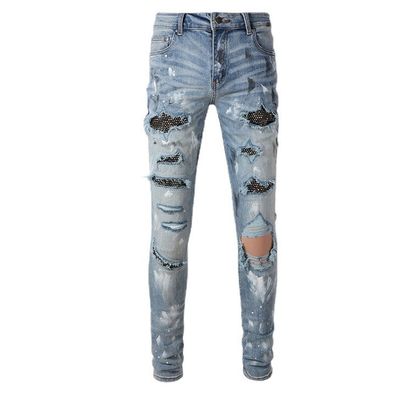 Rhinestone Denim Moda Cristais Rivets Bootcut Jeans com material lavável