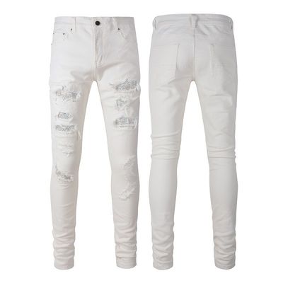 Algodão Denim Stretch Skinny Impressão Sustentável Calças de Creme Direitos para Homens